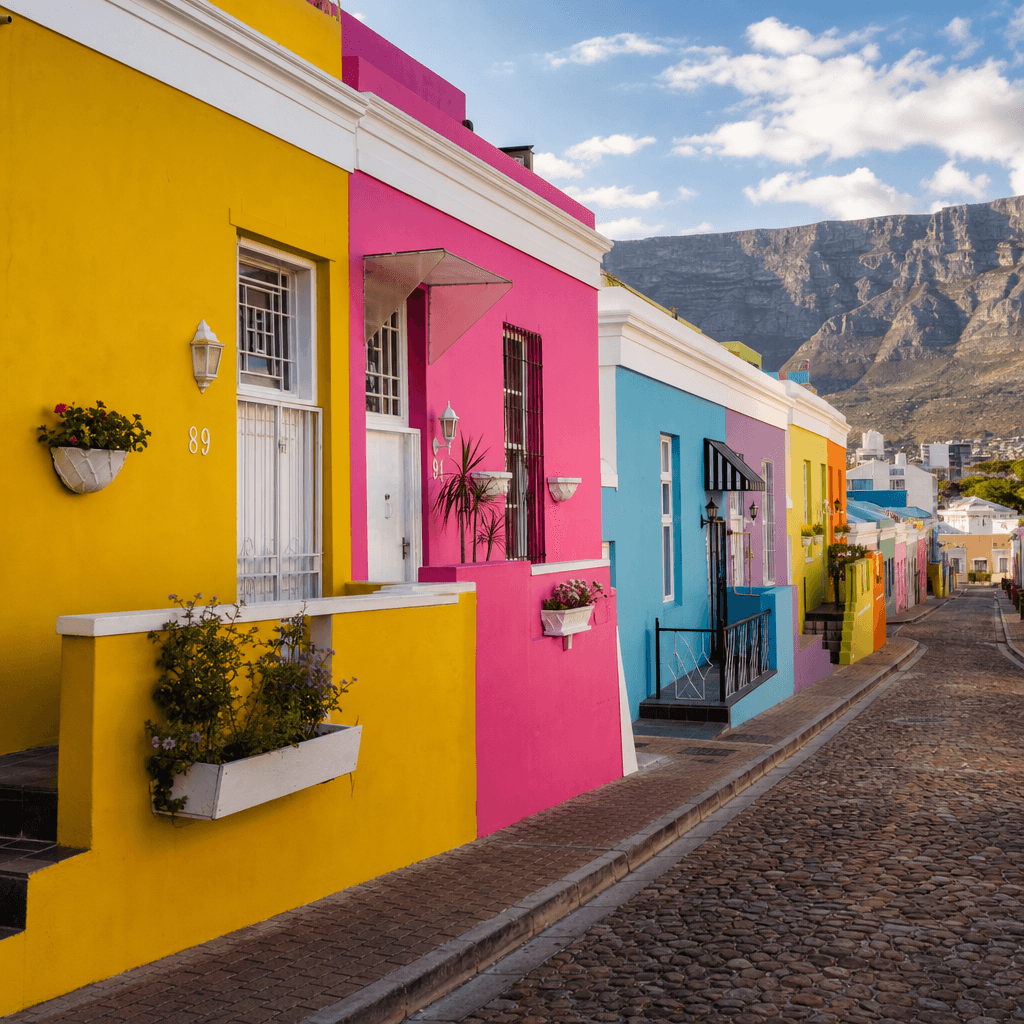 A sunlit row of painted houses in Bo-Kaap, Cape Town