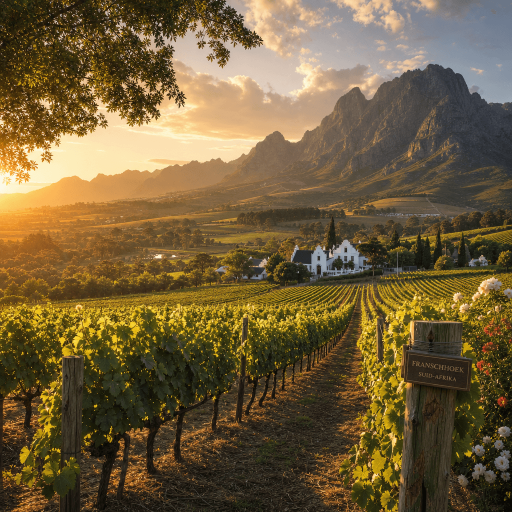 Vineyard rows in the Cape Winelands in late afternoon light