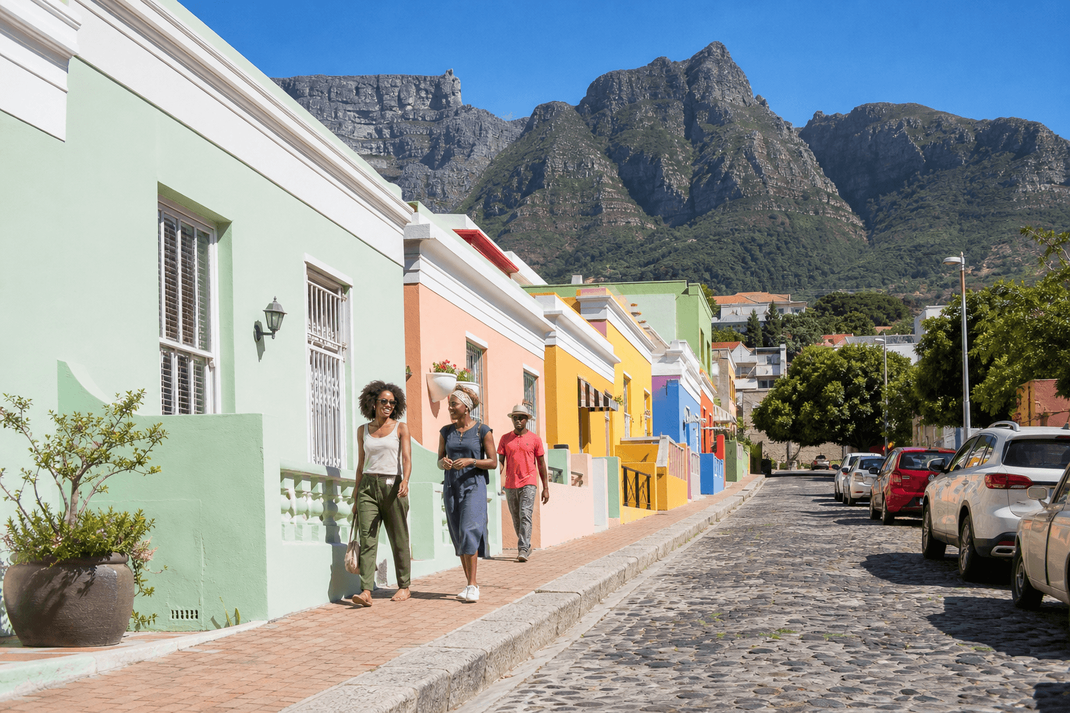 A sunlit Bo-Kaap street in Cape Town, painted houses and people walking, Table Mountain behind