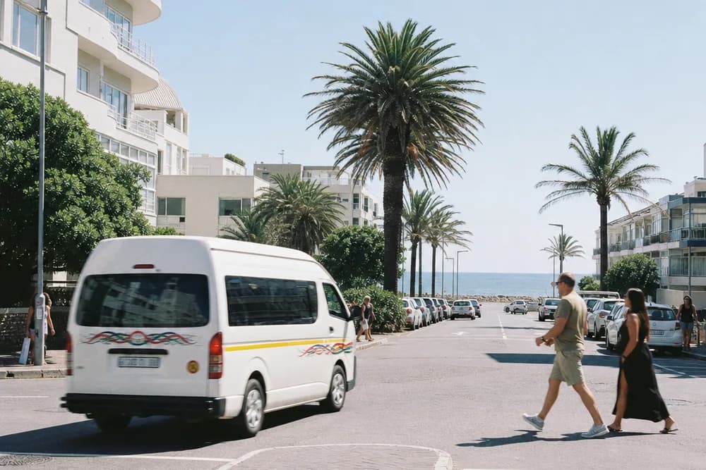 A Sea Point street corner in midday sun, a minibus taxi pulling away and people crossing between palm trees